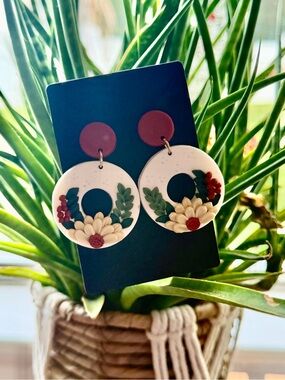 Fall and Floral White Hoop Earrings with Burgundy Accents